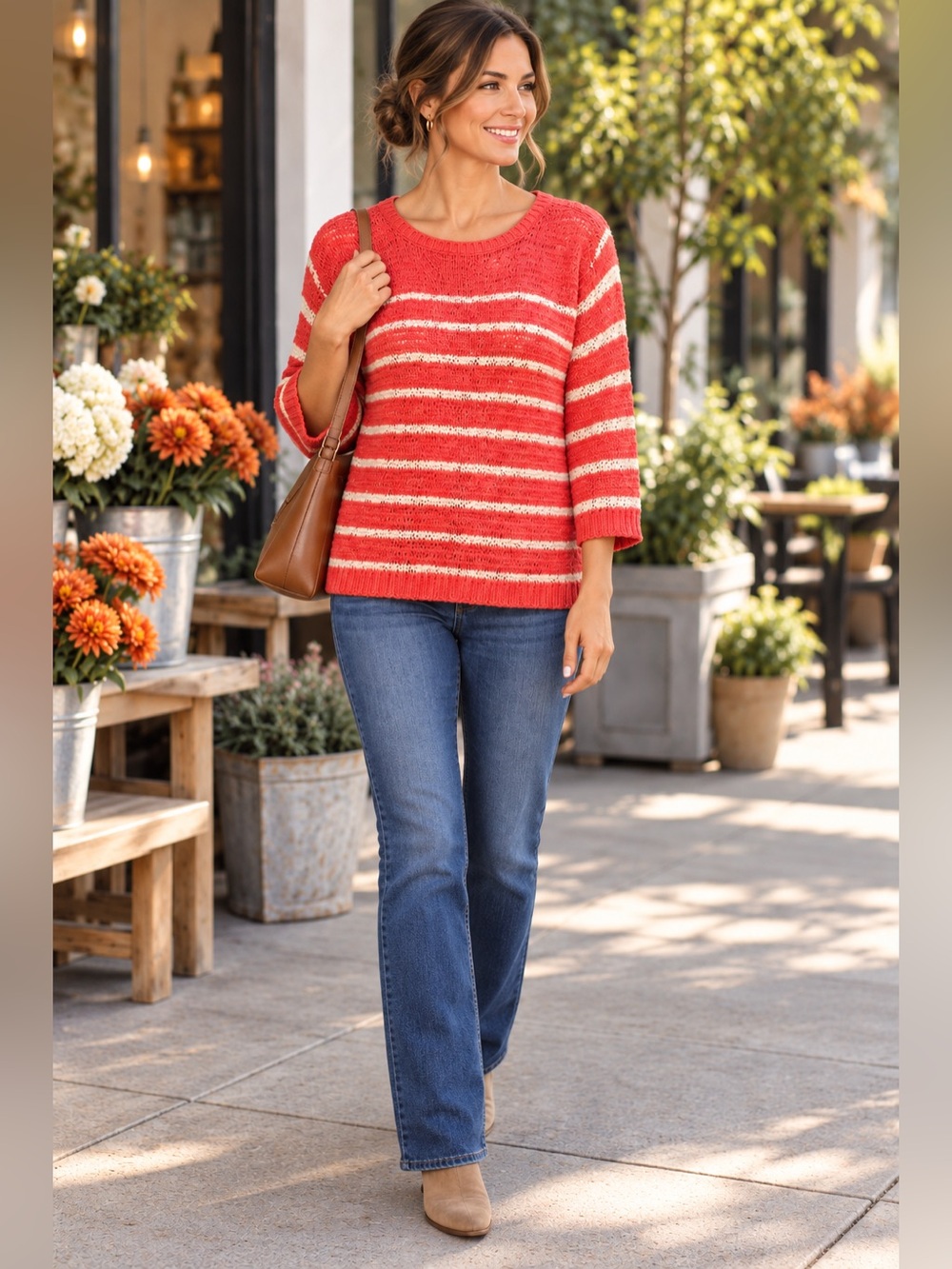 Jones New York Sport Coral Ivory Striped Open Knit Sweater Size S